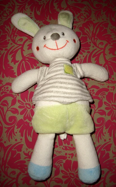 H # doudou peluche lapin blanc vert gris t shirt rayé NICOTOY 28 Cm TBE