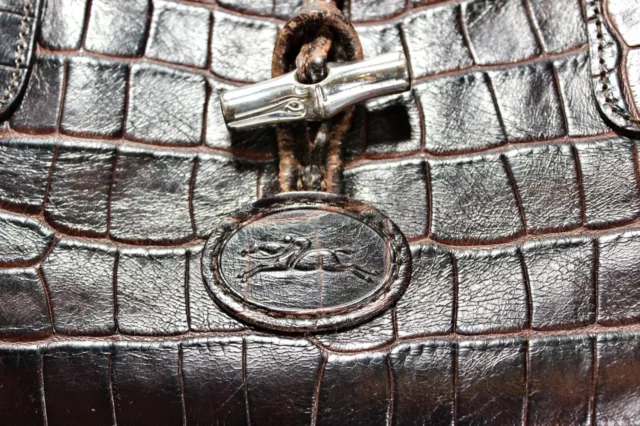 Vintage LONGCHAMP Croc Embossed Roseau Brown Leather Tote Bag France 7