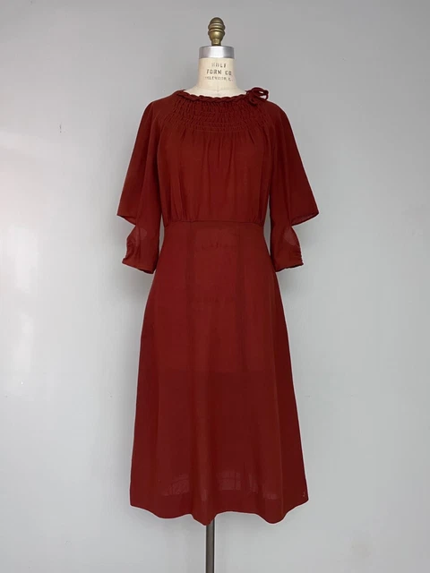 VTG 30s 40s Wool Crepe Dress Frock WW2 Swing Deco Orange Smocked As Is S