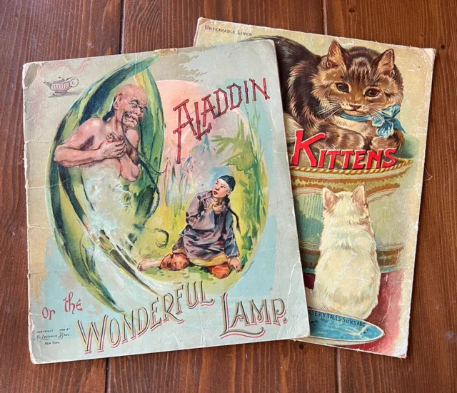 Antique Childrens Book Set of 2 Aladdin Childs ABC Cats Kittens Mcloughlin Tuck