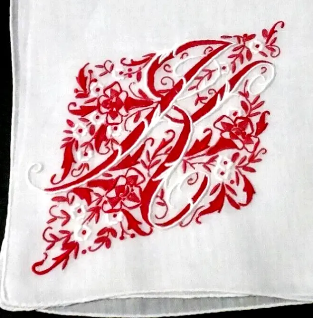 Madeira Embroidery Linen Hanky, Large "K" Monogram, Fine Red Floral Handwork VTG