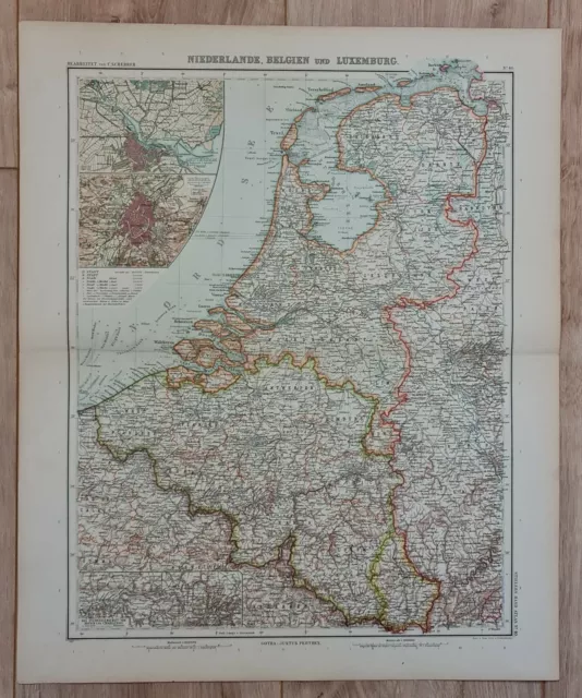 Landkarte map 1907: Niederlande, Belgien und Luxemburg. Amsterdam Brüssel