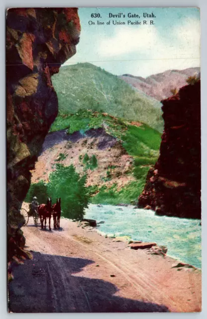 Vintage Postcard UT Devil's Gate Union Pacific Railroad RR Horse Cart ~7368