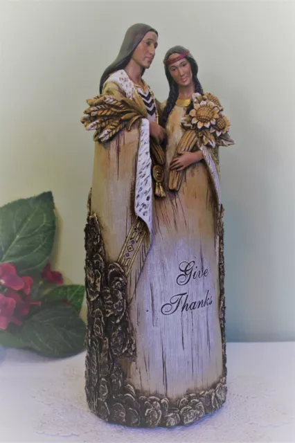 Indian Couple Statue 13inch Thanksgiving Centerpiece Give Thanks Tree Carving 3