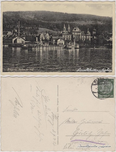 Ansichtskarte Bregenz Hafenpartie mit Dampfer 1938