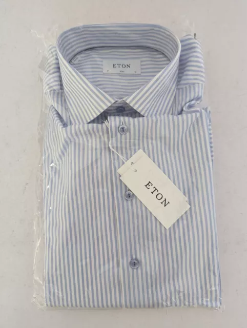 Eton Men's Signature Twill Shirt, Contemporary Fit, Blue Striped, Size 41/16