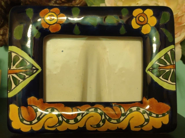 Talavera Mexico Folk Art Pottery Photo Frame Signed Fits 4x6 Horizontal Pic