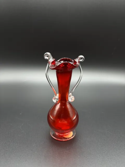 AVEM Murano (?) Ruby Red Double Handle Miniature Art Glass Vase