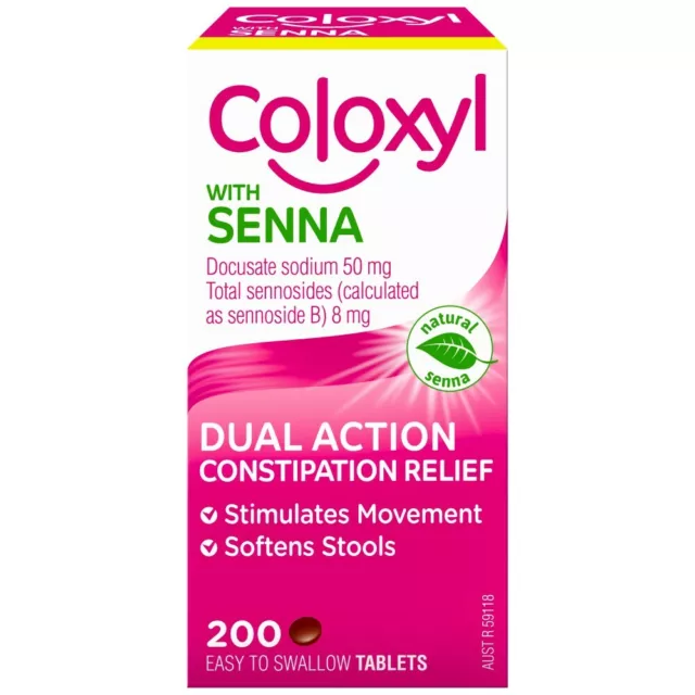 Coloxyl with Senna 200 Tablets Dual Action Constipation Relief Softens Stools