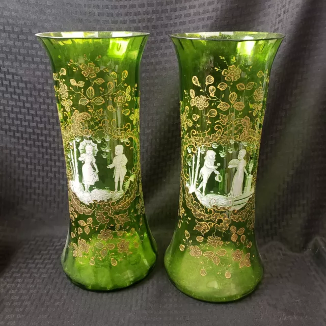 Stunning Mary Gregory Matched Pair Blown Green Glass Vases Large