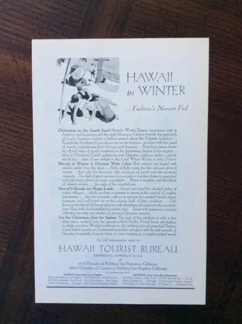 1930 vintage original Print ad Hawaii Tourist Bureau, Hawaii In The Winter