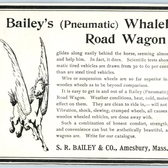 1902 Baileys Whalebone Carriage Print Ad Pegasus Road Wagon Amesbury Original 4A