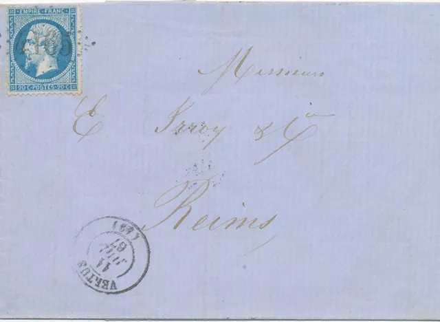 FRANKREICH "4165" Nummernstempel (grosse Ziffern) u K2 "VERTUS / (59" Brief 1867