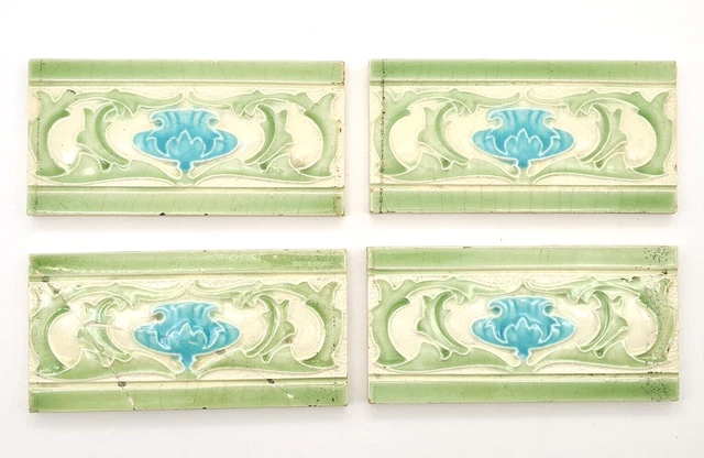 Four Reclaimed Fireplace Tiles Majolica Art Nouveau Spacers Lea & Bolton C1906
