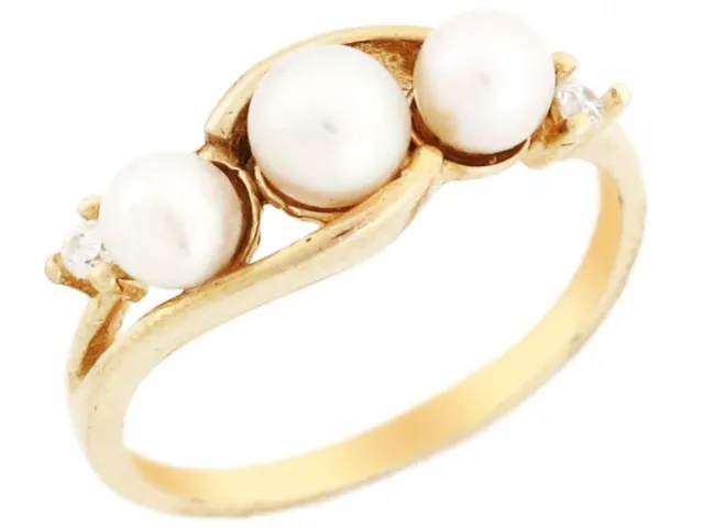 10k or 14k Solid Yellow Gold Three Freshwater Cultured Pearl and CZ Band Ring