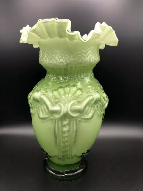 Vintage Large Hand Blown Art Glass Victorian Green & White Ruffled Vase, 12" T