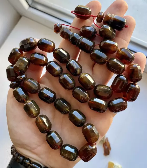 Antique Natural Baltic Amber Islamic Prayer Rosary 80g. Faceted Barrel 33 Beads