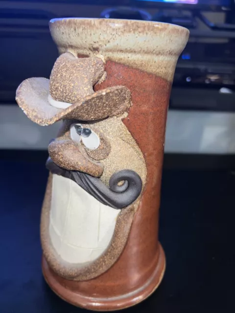 Vintage Face Mug Pottery Signed MMS Manon? Stoneware Beer Art Stein Cowboy