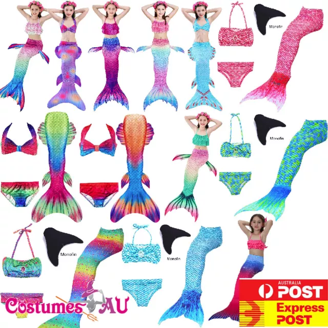 Girls Kids Rainbow Mermaid Tail Monofin Child Blue Pink Marine Sea Costume