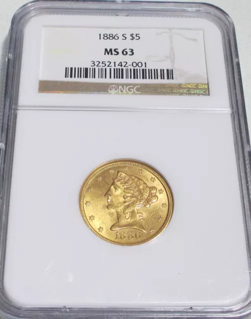 1886-S $5 Gold Five Dollar Half Eagle Ngc Ms63 Rare Us Gold Coin.