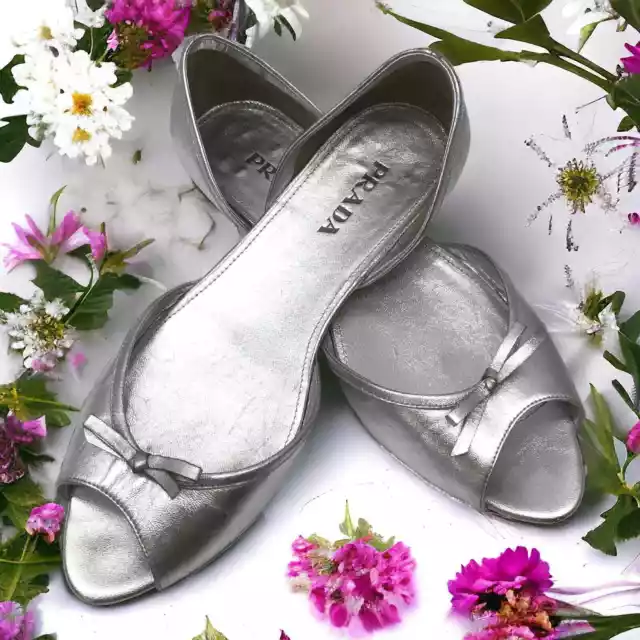 PRADA METALLIC WOMENS Size 8/39 Silver Flats D'Orsay Flat Sandals Bow ...