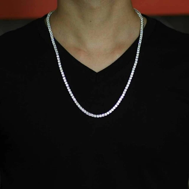 18CTW 4mm Round Cut Real Moissanite Men's Tennis Necklace 14K Yellow Gold Plated