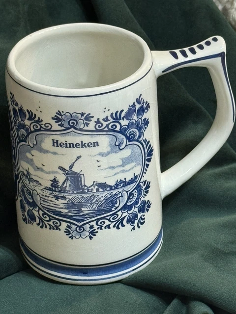 Delft Vtg Blue Mug Heineken Holland Porcelain Beer Stein Dutch Windmill 16oz