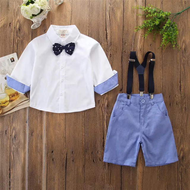 Toddler Kids Boys Long Sleeve Bowtie Shirts Shorts Gentleman Outfits Set 18M-6Y