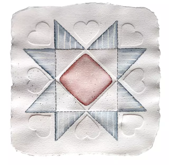 Unique Water Color Folk Art Quilt Style Paper Art Embossed Hearts 9"x9"