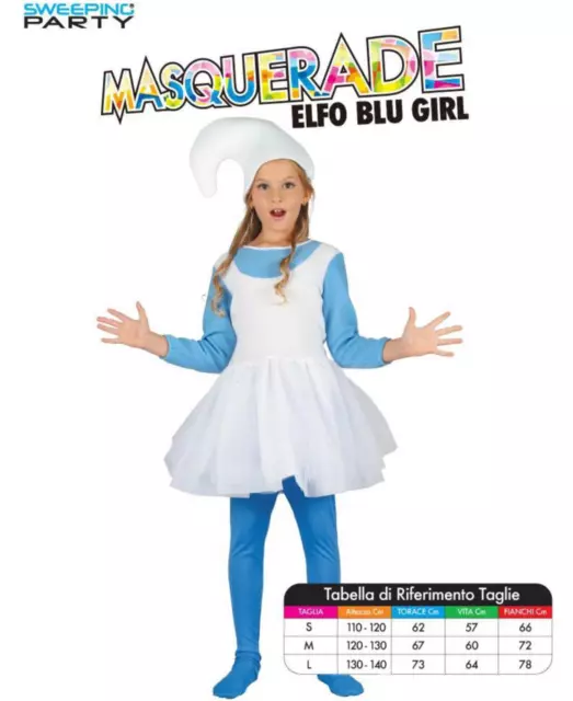 Costume Carnevale Party Puffo Elfo Blu Bambina Ragazza Principessa Taglia S/M/L