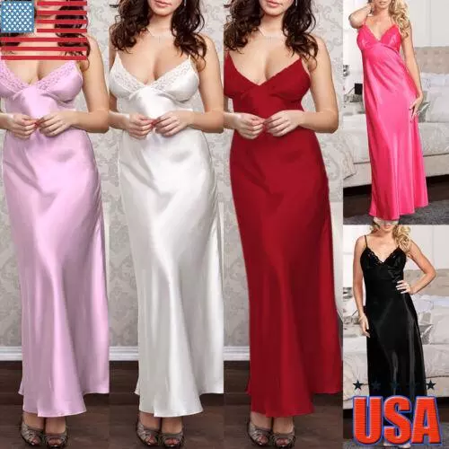 WOMEN'S LADIES SEXY Long Silk Satin Dress Sleepwear Lingerie Nightie ...