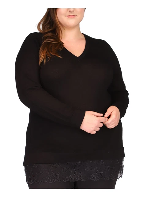 LAUREN MOSHI AQUA Womens Black Vented Sides Long Sleeve V Neck Sweater Plus 0X