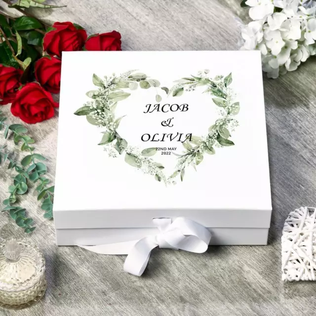 Personalised Wedding Box With Floral Green Leaf Heart and Ribbon UV-1365