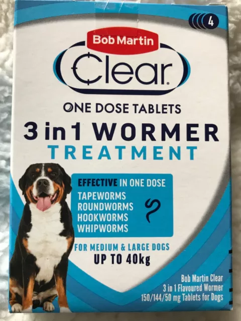 Bob Martin 3 in 1 Flavoured Wormer Tablets for Dogs  150mg/144/50mg 4 Tablets.-