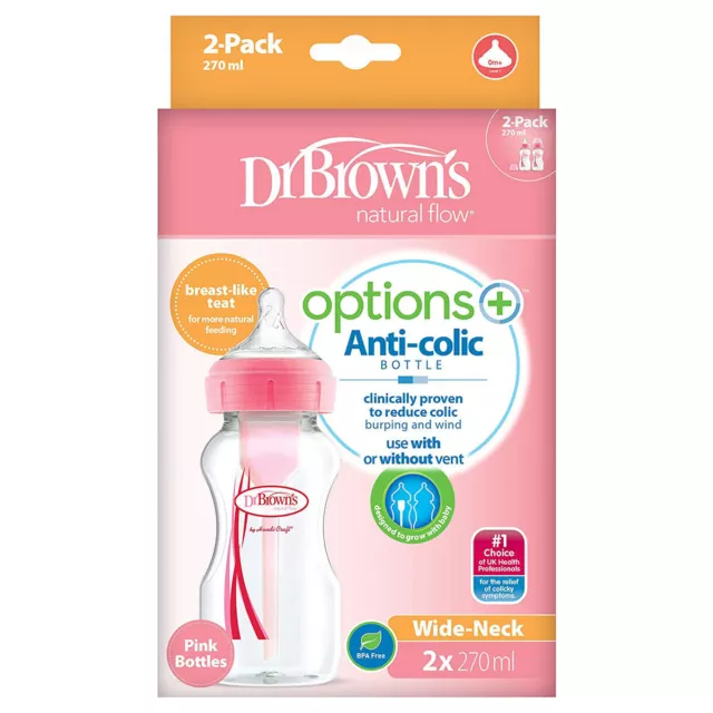 Dr Brown Options + 270ML Large Cou Bouteille Rose Enfant Bébé Lait Feeding 2 Set