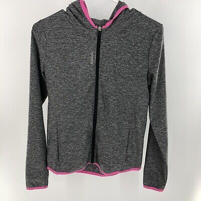 Reebok Girl's Gray Front Zip Hoodie Pink Trim Athletic Jacket Size Large 12-14