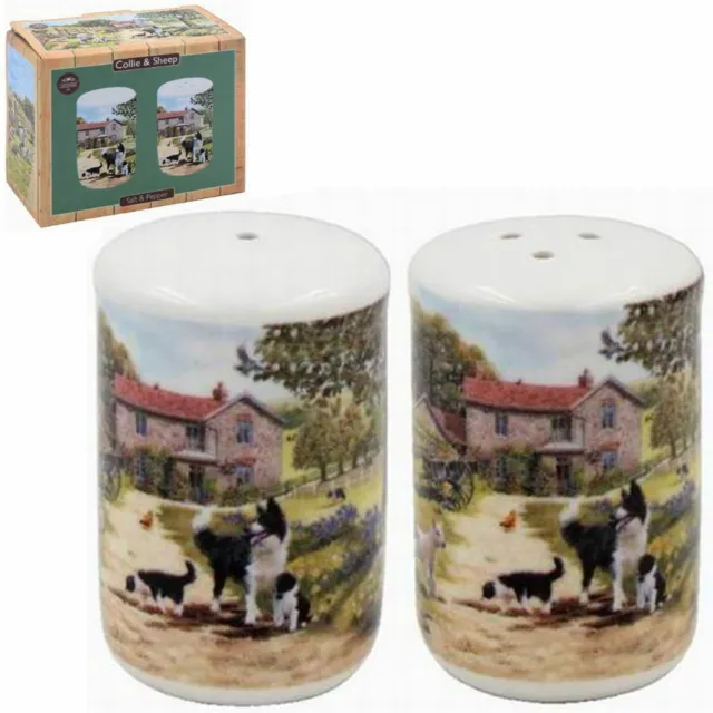 Farmyard Salt N Pepper Shaker Set Collie and Sheep Fine China Porcelain Vintage