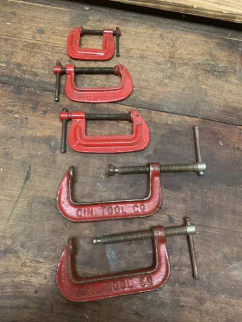 Lot of 5 Vintage Cin Tool Forged Steel C-Clamps 2-4" Adjustable Made in USA