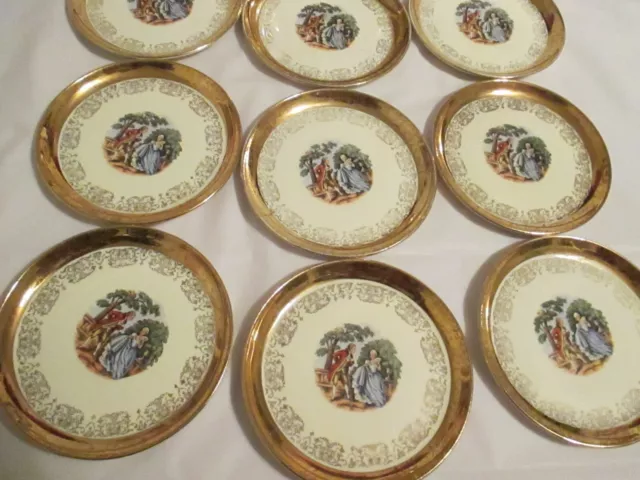 10 Crest-O-Gold Sabin Warranted 22K Gold Bread Plates Courting Couple 61/4" VTG