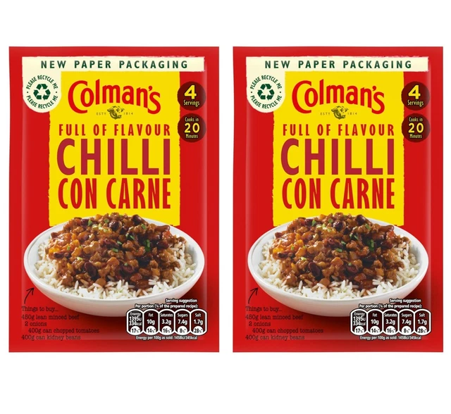 COLMAN'S CHILLI CON Carne Recipe Packet Mix Sachet 50g PACK OF 2 8.07