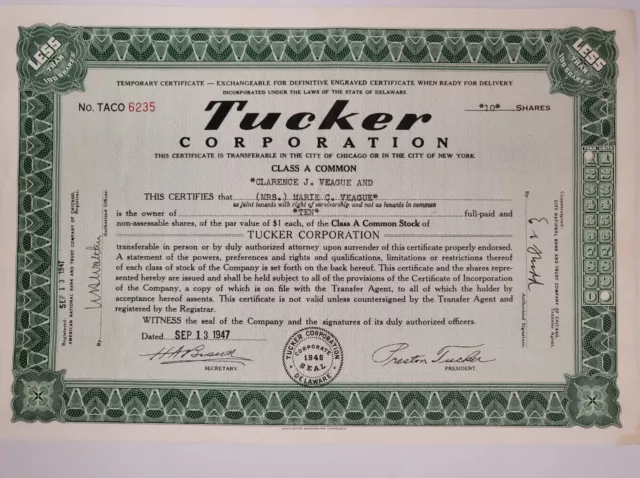 Tucker Corporation 10 share Stock Certificate 1947 Automobile