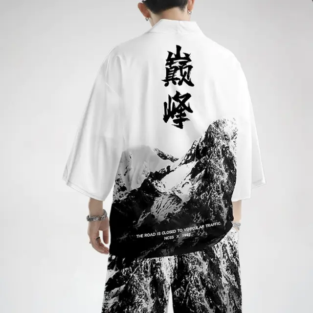 Uomo Kimono Cappotto Giacca Top Pantaloni Giapponese Casual Sciolto Bianco