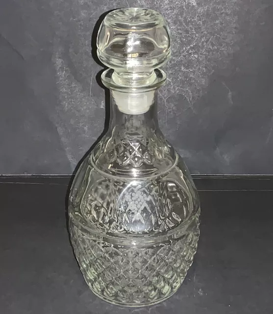 Vintage Whiskey Wine Exquisite CUT GLASS DECANTER Etch Crown Royal Grape Stopper