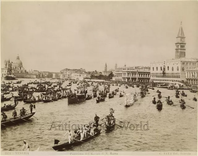 Italy Venice row boat team on canal antique art photo