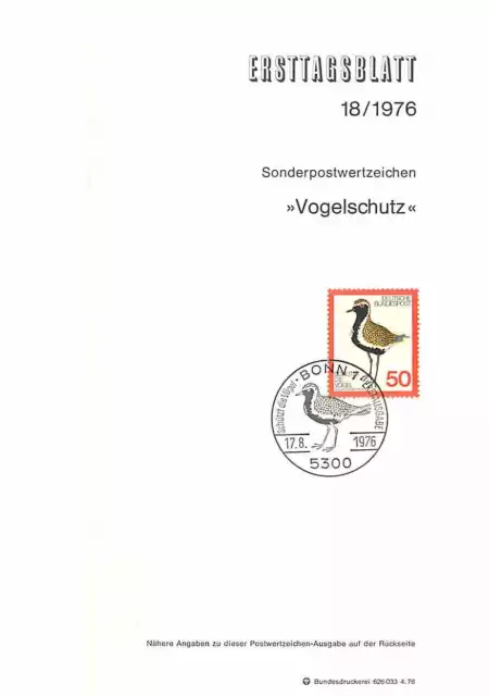 Ersttagsblatt 1976 - Vogelschutz Sonderstempel Bonn - Sammlerstück
