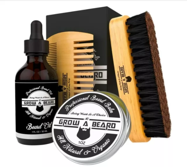 Beard Brush, Comb, Oil, & Balm Grooming Kit for Men's Care, Travel Bamboo Facial