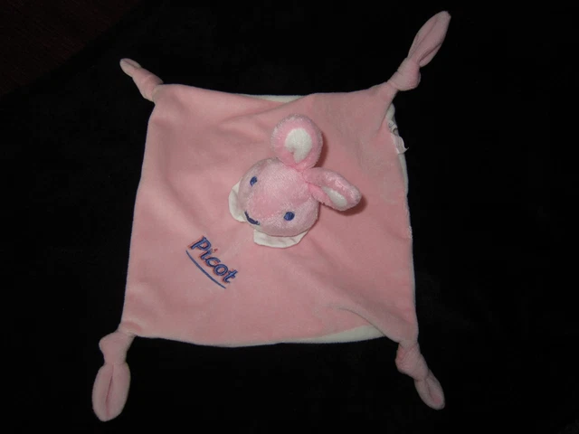 Doudou carré plat Lapin rose blanc et bleu Picot