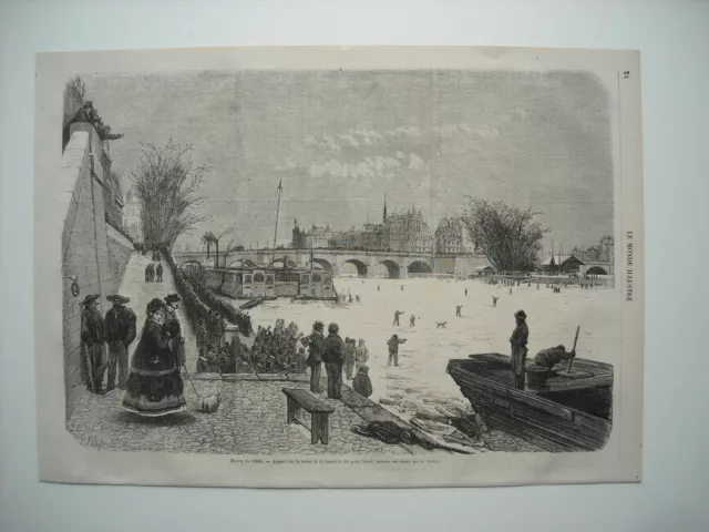 Gravure 1868. Hiver 1868.  Aspect De La Seine A Hauteur Du Pont Neuf A Paris....