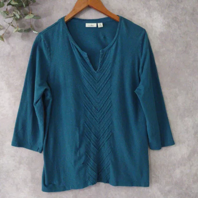 LL Bean Top Womens XL Blue Linen Cotton Blend V Neck Pullover Embroidered Shirt