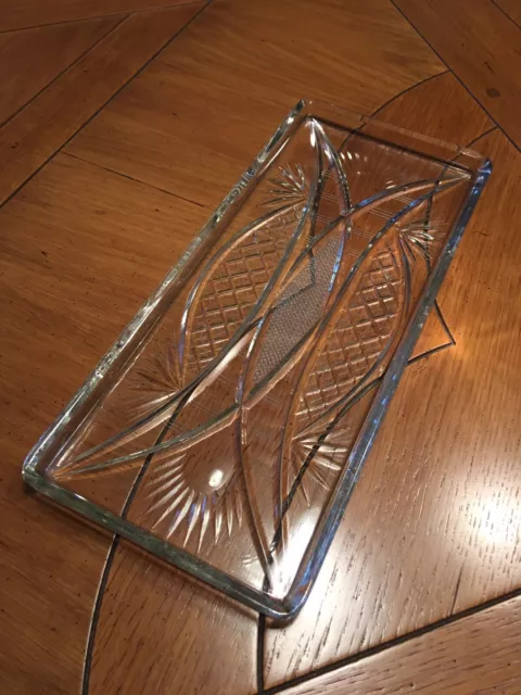 Antik Jugendstil Kristallglas Schale  um 1910 Flache Form geschliffen 31 X 14 cm
